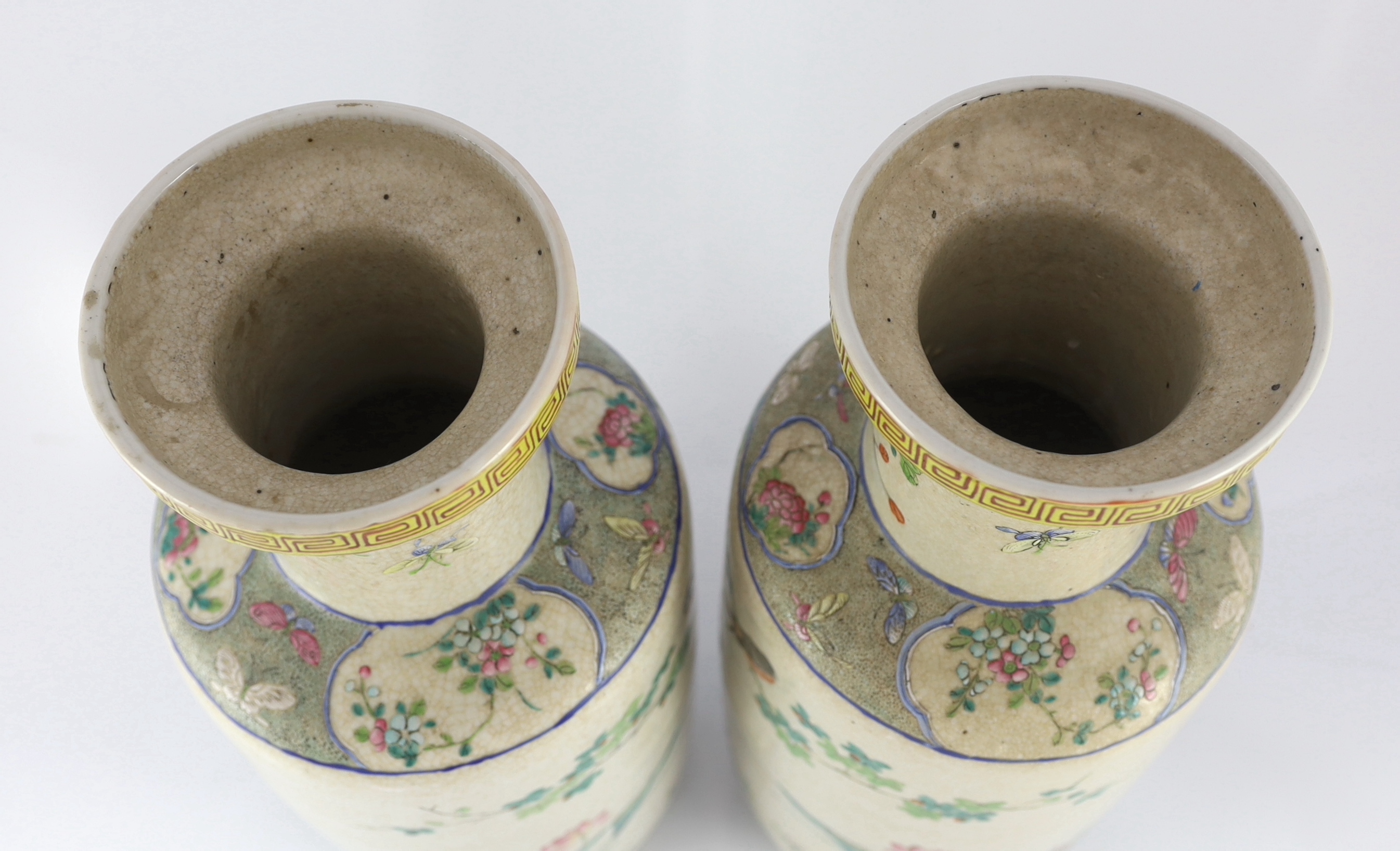 A pair of large Chinese crackle glaze famille rose ‘Hundred Bird’ rouleau vases, late 19th century